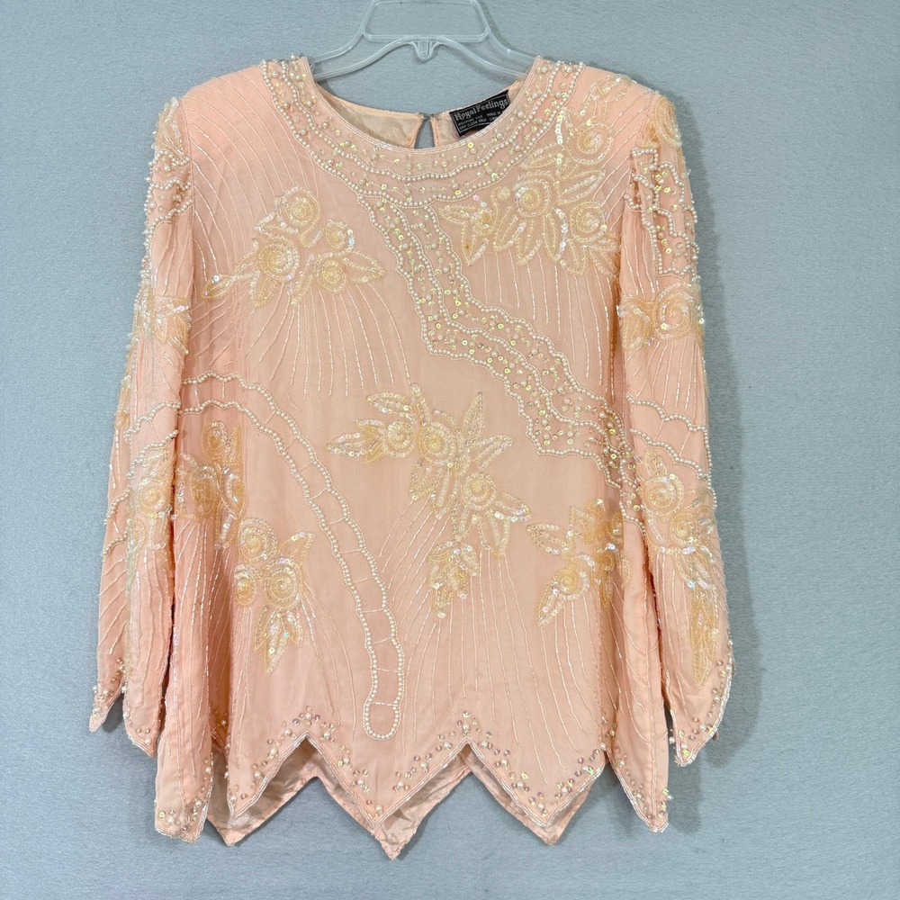 Vintage Royal Feelings Silk Sequin Beaded Top‎ Size M 80s Glamcore Elegant Party